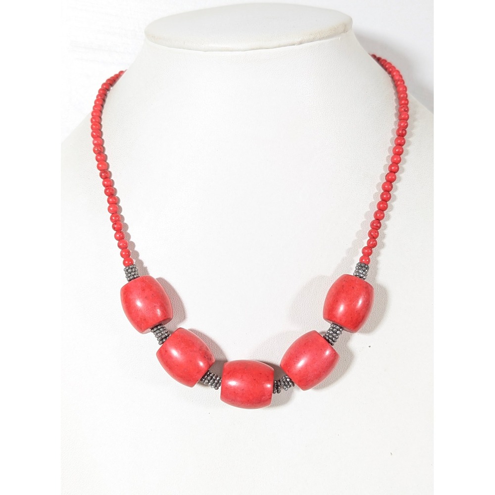 Red Stone Bead Statement Necklace Chunky‎ Modernist Artisan Boho 18 Inch